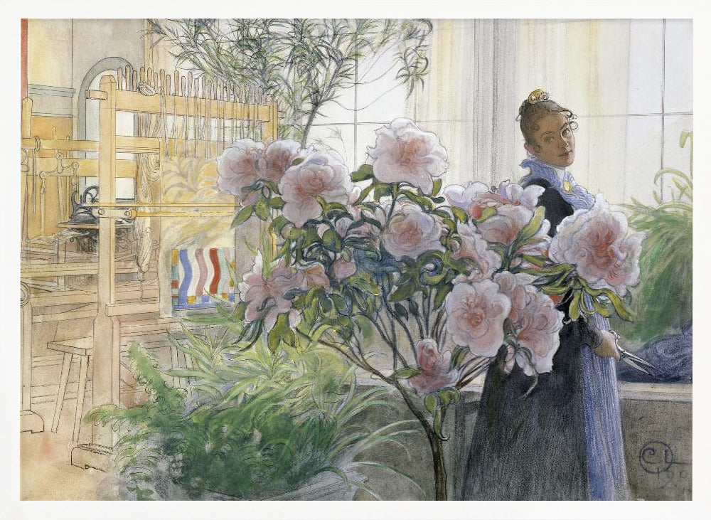 A vintage illustration by Carl Larsson titled 'Azalea', depicting a woman in a dark dress standing in a sunlit room with a large wooden weaving loom. She is partially obscured by a large, blooming pink azalea bush in the foreground. Poster