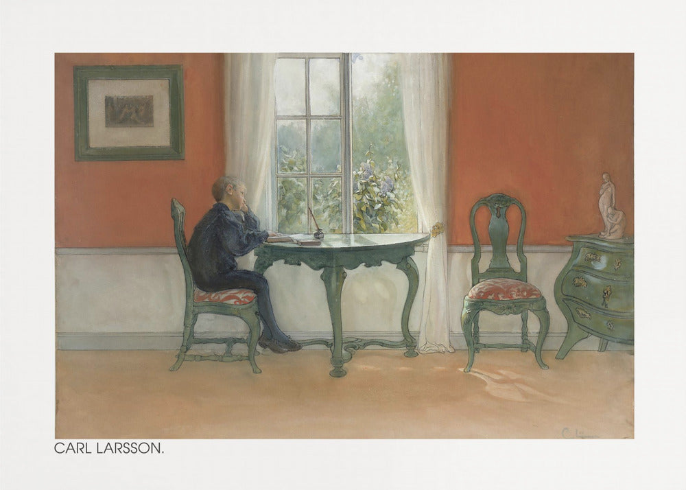 A vintage painting by Carl Larsson depicting a young boy in a dark blue shirt sitting at a green desk, looking out a sunlit window. The room has warm orange-red walls, antique green furniture, and white curtains. Artwork