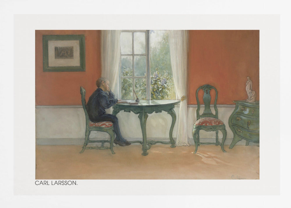A vintage painting by Carl Larsson depicting a young boy in a dark blue shirt sitting at a green desk, looking out a sunlit window. The room has warm orange-red walls, antique green furniture, and white curtains. Artwork