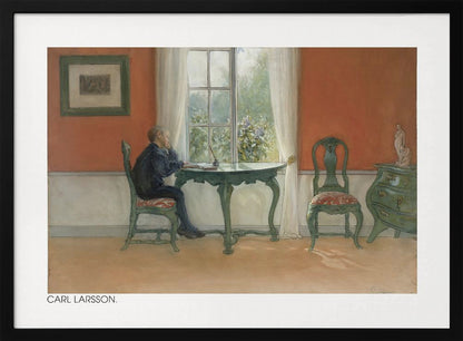 A vintage painting by Carl Larsson depicting a young boy in a dark blue shirt sitting at a green desk, looking out a sunlit window. The room has warm orange-red walls, antique green furniture, and white curtains. Artwork