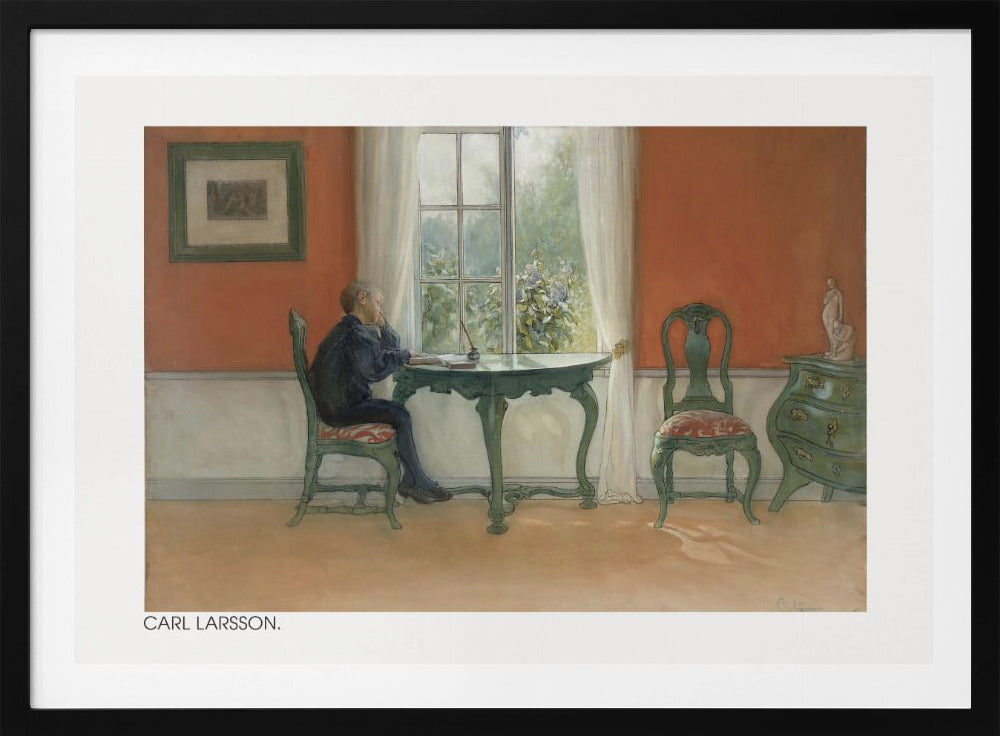 A vintage painting by Carl Larsson depicting a young boy in a dark blue shirt sitting at a green desk, looking out a sunlit window. The room has warm orange-red walls, antique green furniture, and white curtains. Artwork