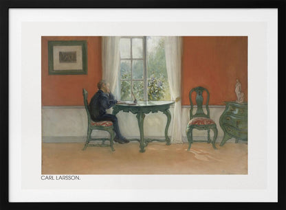 A vintage painting by Carl Larsson depicting a young boy in a dark blue shirt sitting at a green desk, looking out a sunlit window. The room has warm orange-red walls, antique green furniture, and white curtains. Artwork