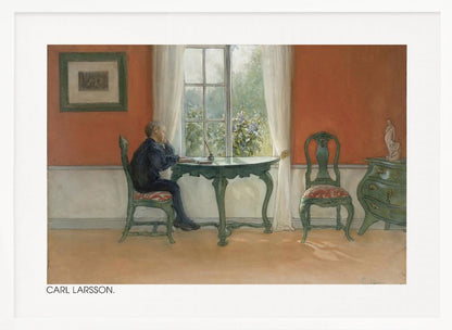 A vintage painting by Carl Larsson depicting a young boy in a dark blue shirt sitting at a green desk, looking out a sunlit window. The room has warm orange-red walls, antique green furniture, and white curtains. Artwork