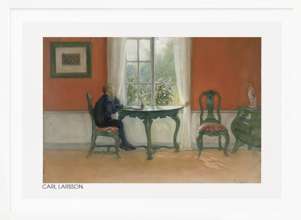 A vintage painting by Carl Larsson depicting a young boy in a dark blue shirt sitting at a green desk, looking out a sunlit window. The room has warm orange-red walls, antique green furniture, and white curtains. Artwork