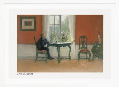 A vintage painting by Carl Larsson depicting a young boy in a dark blue shirt sitting at a green desk, looking out a sunlit window. The room has warm orange-red walls, antique green furniture, and white curtains. Artwork