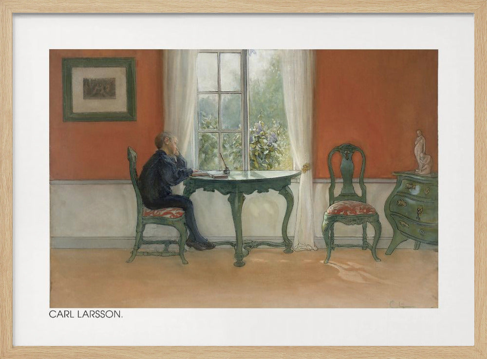 A vintage painting by Carl Larsson depicting a young boy in a dark blue shirt sitting at a green desk, looking out a sunlit window. The room has warm orange-red walls, antique green furniture, and white curtains. Artwork