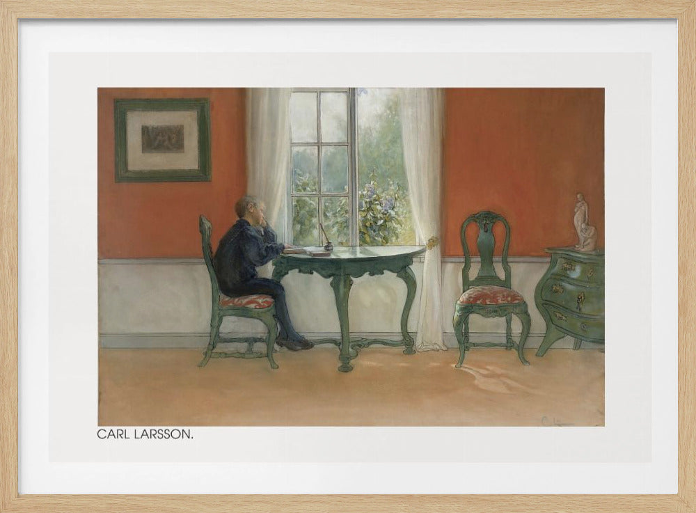 A vintage painting by Carl Larsson depicting a young boy in a dark blue shirt sitting at a green desk, looking out a sunlit window. The room has warm orange-red walls, antique green furniture, and white curtains. Artwork