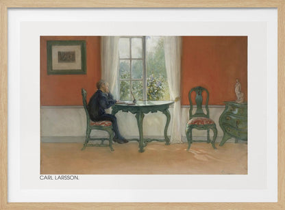A vintage painting by Carl Larsson depicting a young boy in a dark blue shirt sitting at a green desk, looking out a sunlit window. The room has warm orange-red walls, antique green furniture, and white curtains. Artwork