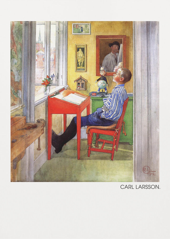 A framed art print of a Carl Larsson painting from 1912. It shows a young boy in a blue and white striped shirt sitting at a red desk in a sunlit, yellow-walled room. He is leaning back in his chair and looking up, as if daydreaming. Through the window, a cityscape with a church steeple is visible. The room is filled with charming details like framed pictures, a small globe, and a wooden workbench. Artwork