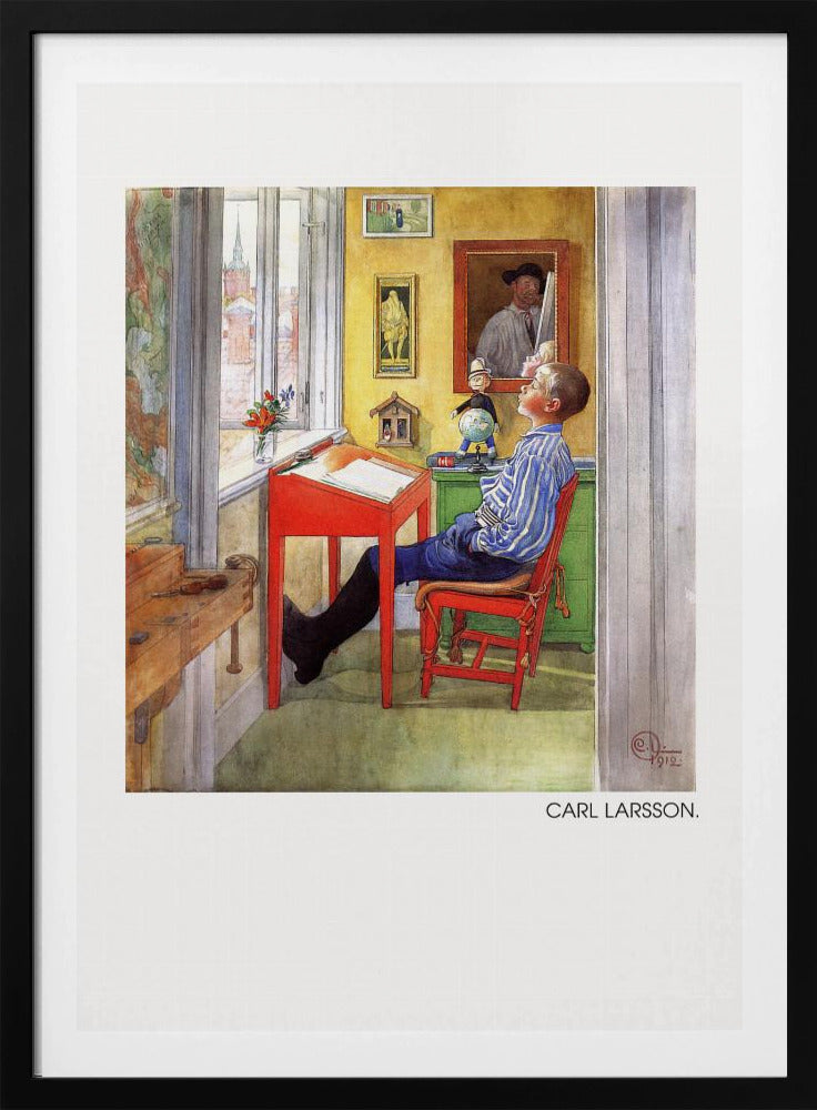 A framed art print of a Carl Larsson painting from 1912. It shows a young boy in a blue and white striped shirt sitting at a red desk in a sunlit, yellow-walled room. He is leaning back in his chair and looking up, as if daydreaming. Through the window, a cityscape with a church steeple is visible. The room is filled with charming details like framed pictures, a small globe, and a wooden workbench. Artwork