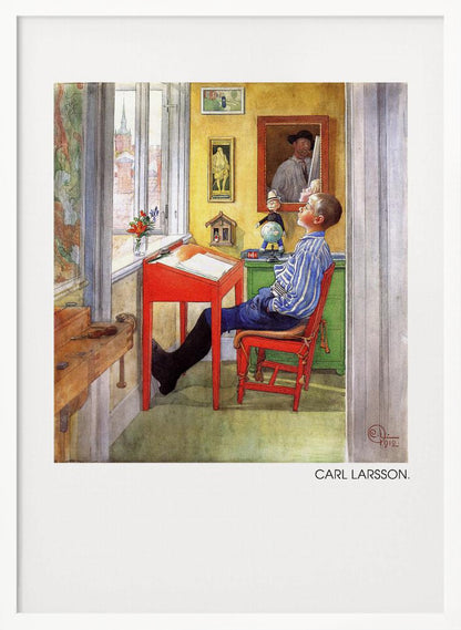 A framed art print of a Carl Larsson painting from 1912. It shows a young boy in a blue and white striped shirt sitting at a red desk in a sunlit, yellow-walled room. He is leaning back in his chair and looking up, as if daydreaming. Through the window, a cityscape with a church steeple is visible. The room is filled with charming details like framed pictures, a small globe, and a wooden workbench. Artwork
