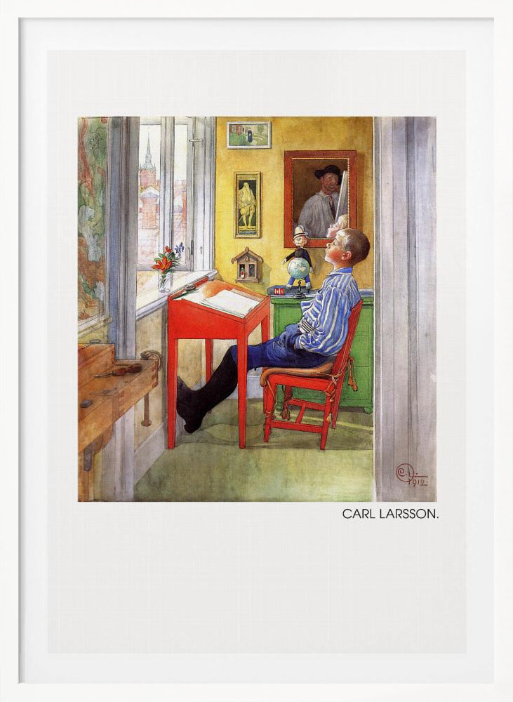 A framed art print of a Carl Larsson painting from 1912. It shows a young boy in a blue and white striped shirt sitting at a red desk in a sunlit, yellow-walled room. He is leaning back in his chair and looking up, as if daydreaming. Through the window, a cityscape with a church steeple is visible. The room is filled with charming details like framed pictures, a small globe, and a wooden workbench. Artwork