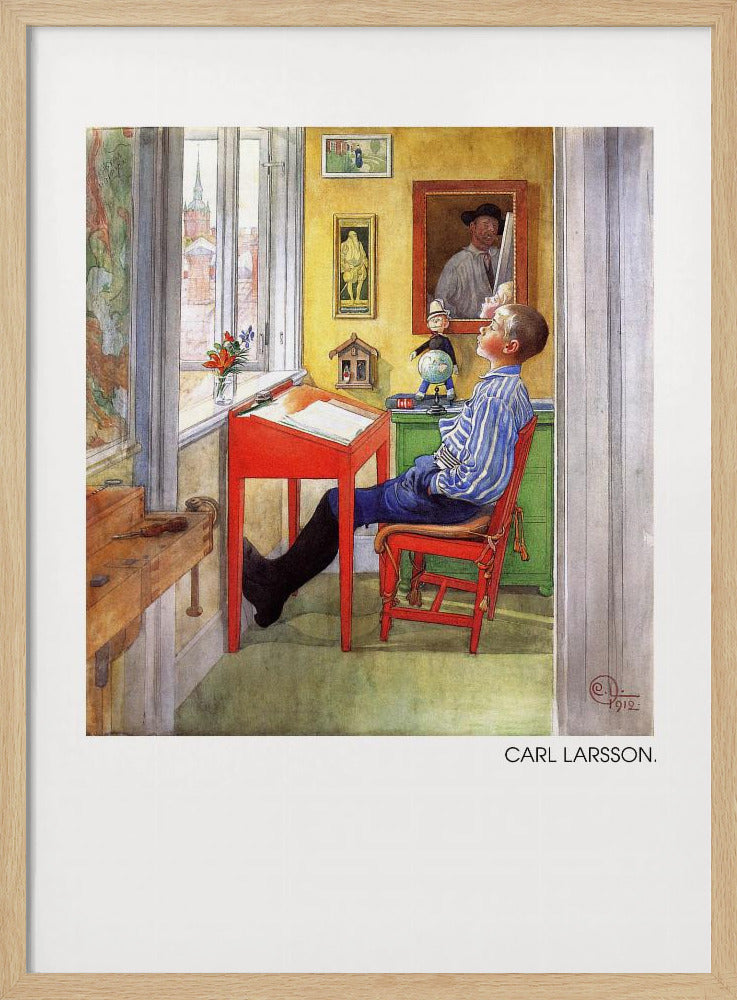 A framed art print of a Carl Larsson painting from 1912. It shows a young boy in a blue and white striped shirt sitting at a red desk in a sunlit, yellow-walled room. He is leaning back in his chair and looking up, as if daydreaming. Through the window, a cityscape with a church steeple is visible. The room is filled with charming details like framed pictures, a small globe, and a wooden workbench. Artwork