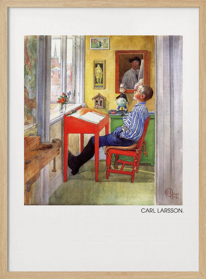 A framed art print of a Carl Larsson painting from 1912. It shows a young boy in a blue and white striped shirt sitting at a red desk in a sunlit, yellow-walled room. He is leaning back in his chair and looking up, as if daydreaming. Through the window, a cityscape with a church steeple is visible. The room is filled with charming details like framed pictures, a small globe, and a wooden workbench. Artwork