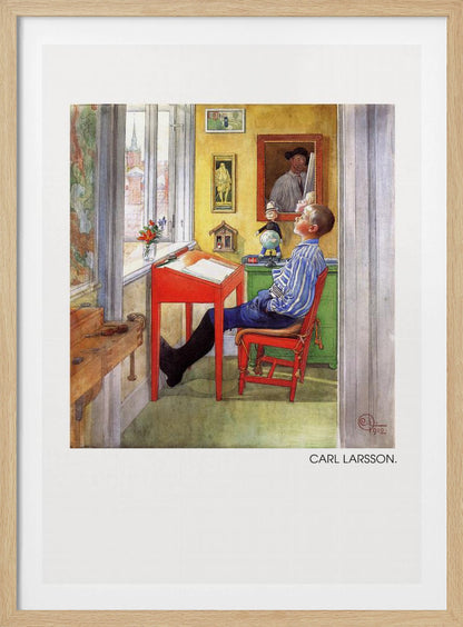 A framed art print of a Carl Larsson painting from 1912. It shows a young boy in a blue and white striped shirt sitting at a red desk in a sunlit, yellow-walled room. He is leaning back in his chair and looking up, as if daydreaming. Through the window, a cityscape with a church steeple is visible. The room is filled with charming details like framed pictures, a small globe, and a wooden workbench. Artwork