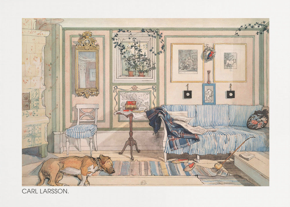 A watercolor painting by Carl Larsson of a cozy, lived-in room. A brown dog sleeps on a striped rug in the foreground, while a blue and white striped sofa sits against a pale pink wall adorned with pictures and a mirror. A traditional tiled stove stands to the left. Print