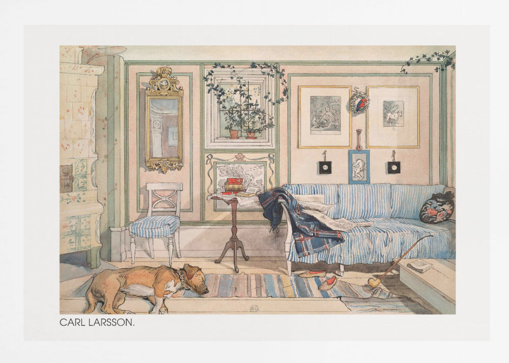 A watercolor painting by Carl Larsson of a cozy, lived-in room. A brown dog sleeps on a striped rug in the foreground, while a blue and white striped sofa sits against a pale pink wall adorned with pictures and a mirror. A traditional tiled stove stands to the left. Print