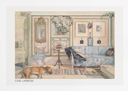 A watercolor painting by Carl Larsson of a cozy, lived-in room. A brown dog sleeps on a striped rug in the foreground, while a blue and white striped sofa sits against a pale pink wall adorned with pictures and a mirror. A traditional tiled stove stands to the left. Print