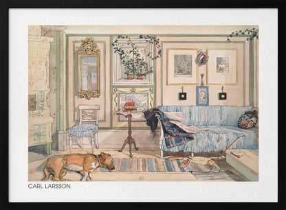 A watercolor painting by Carl Larsson of a cozy, lived-in room. A brown dog sleeps on a striped rug in the foreground, while a blue and white striped sofa sits against a pale pink wall adorned with pictures and a mirror. A traditional tiled stove stands to the left. Print