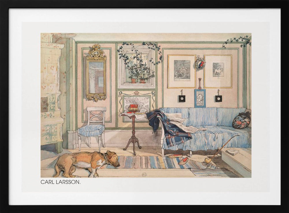 A watercolor painting by Carl Larsson of a cozy, lived-in room. A brown dog sleeps on a striped rug in the foreground, while a blue and white striped sofa sits against a pale pink wall adorned with pictures and a mirror. A traditional tiled stove stands to the left. Print