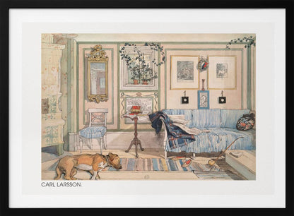 A watercolor painting by Carl Larsson of a cozy, lived-in room. A brown dog sleeps on a striped rug in the foreground, while a blue and white striped sofa sits against a pale pink wall adorned with pictures and a mirror. A traditional tiled stove stands to the left. Print