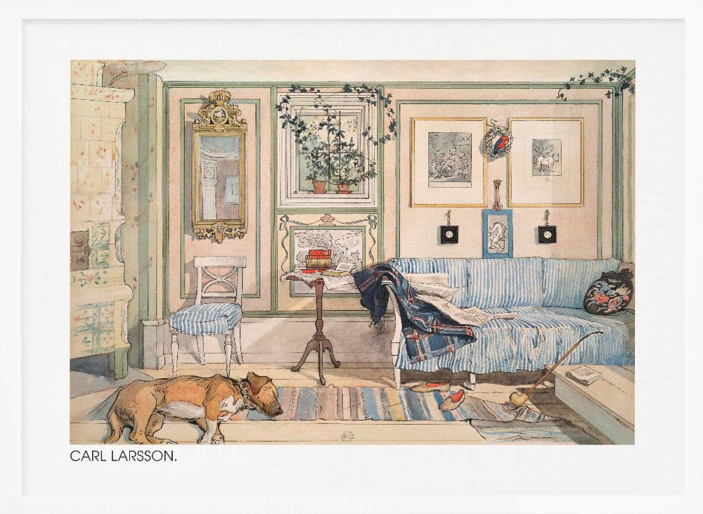 A watercolor painting by Carl Larsson of a cozy, lived-in room. A brown dog sleeps on a striped rug in the foreground, while a blue and white striped sofa sits against a pale pink wall adorned with pictures and a mirror. A traditional tiled stove stands to the left. Print