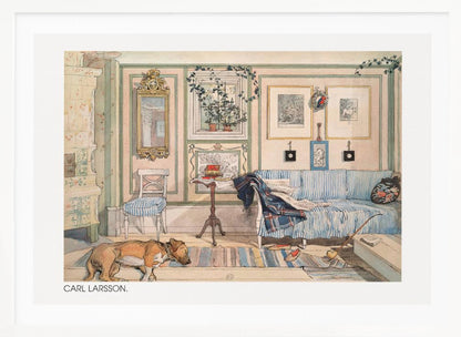 A watercolor painting by Carl Larsson of a cozy, lived-in room. A brown dog sleeps on a striped rug in the foreground, while a blue and white striped sofa sits against a pale pink wall adorned with pictures and a mirror. A traditional tiled stove stands to the left. Print