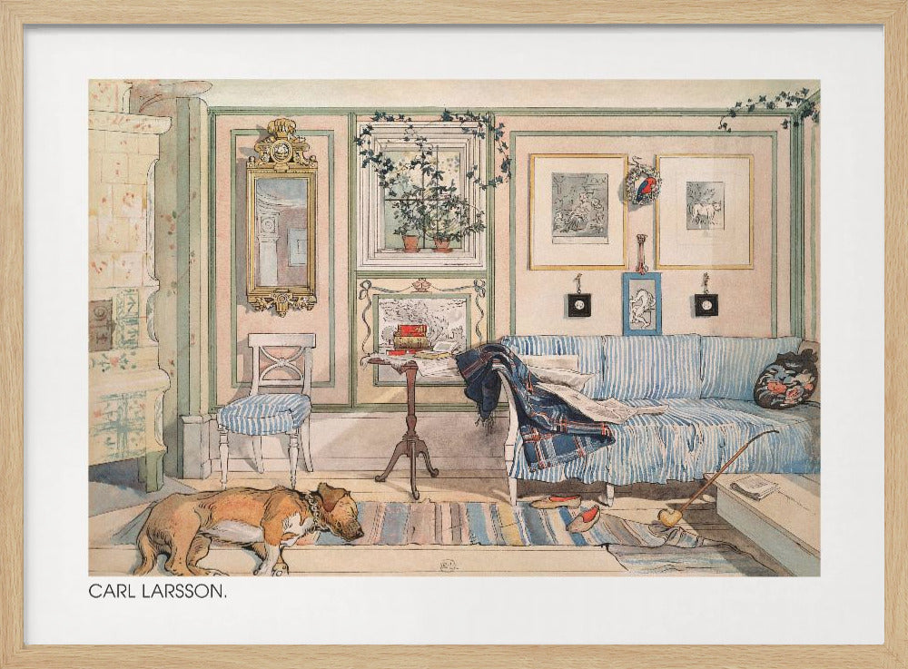 A watercolor painting by Carl Larsson of a cozy, lived-in room. A brown dog sleeps on a striped rug in the foreground, while a blue and white striped sofa sits against a pale pink wall adorned with pictures and a mirror. A traditional tiled stove stands to the left. Print