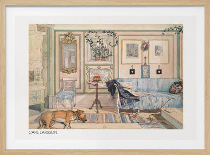 A watercolor painting by Carl Larsson of a cozy, lived-in room. A brown dog sleeps on a striped rug in the foreground, while a blue and white striped sofa sits against a pale pink wall adorned with pictures and a mirror. A traditional tiled stove stands to the left. Print