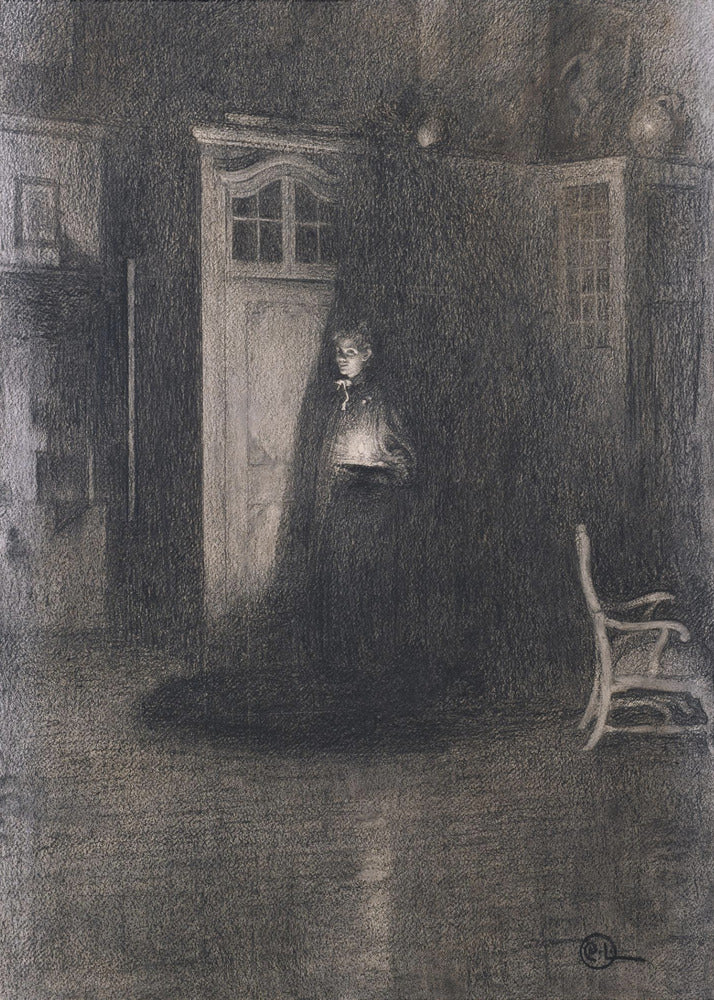 A dark, atmospheric charcoal drawing of a woman in a long, dark cloak standing in a dimly lit room. She holds a small, glowing light source that illuminates her face and the area around a white door behind her, creating deep shadows that fill the rest of the space. A lone white chair sits in the shadows to the right. Decor