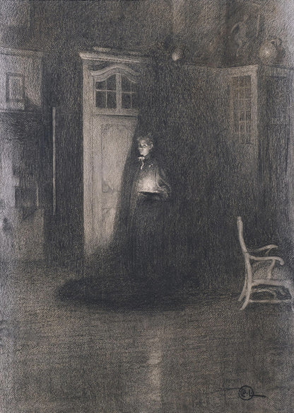 A dark, atmospheric charcoal drawing of a woman in a long, dark cloak standing in a dimly lit room. She holds a small, glowing light source that illuminates her face and the area around a white door behind her, creating deep shadows that fill the rest of the space. A lone white chair sits in the shadows to the right. Decor