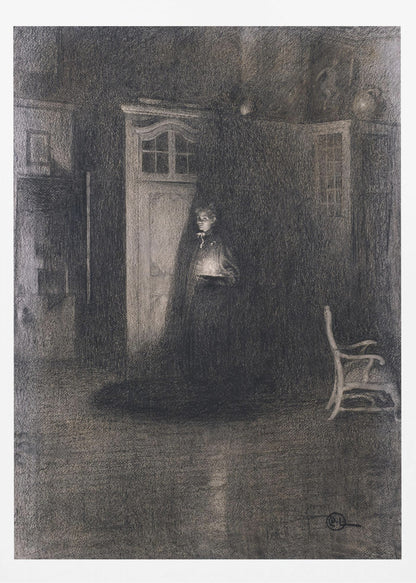 A dark, atmospheric charcoal drawing of a woman in a long, dark cloak standing in a dimly lit room. She holds a small, glowing light source that illuminates her face and the area around a white door behind her, creating deep shadows that fill the rest of the space. A lone white chair sits in the shadows to the right. Decor