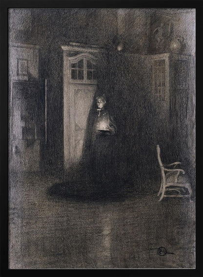 A dark, atmospheric charcoal drawing of a woman in a long, dark cloak standing in a dimly lit room. She holds a small, glowing light source that illuminates her face and the area around a white door behind her, creating deep shadows that fill the rest of the space. A lone white chair sits in the shadows to the right. Decor