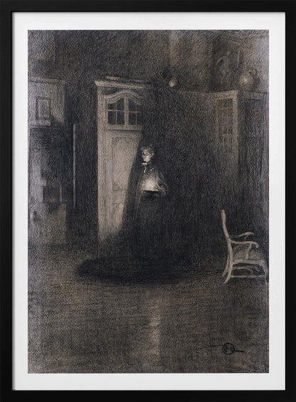 A dark, atmospheric charcoal drawing of a woman in a long, dark cloak standing in a dimly lit room. She holds a small, glowing light source that illuminates her face and the area around a white door behind her, creating deep shadows that fill the rest of the space. A lone white chair sits in the shadows to the right. Decor
