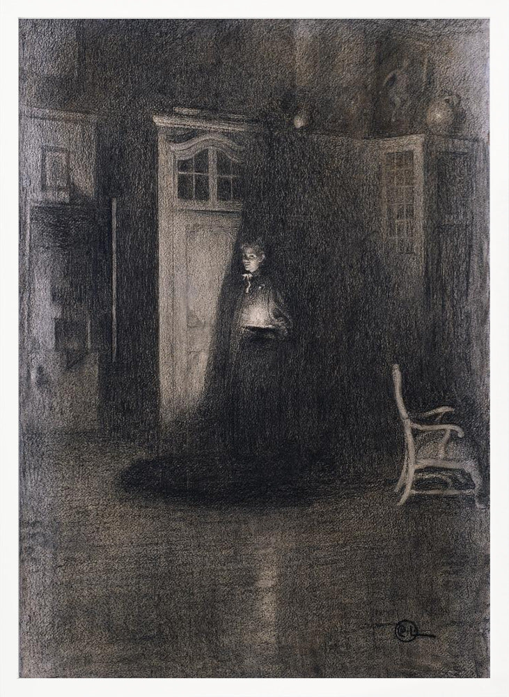 A dark, atmospheric charcoal drawing of a woman in a long, dark cloak standing in a dimly lit room. She holds a small, glowing light source that illuminates her face and the area around a white door behind her, creating deep shadows that fill the rest of the space. A lone white chair sits in the shadows to the right. Decor