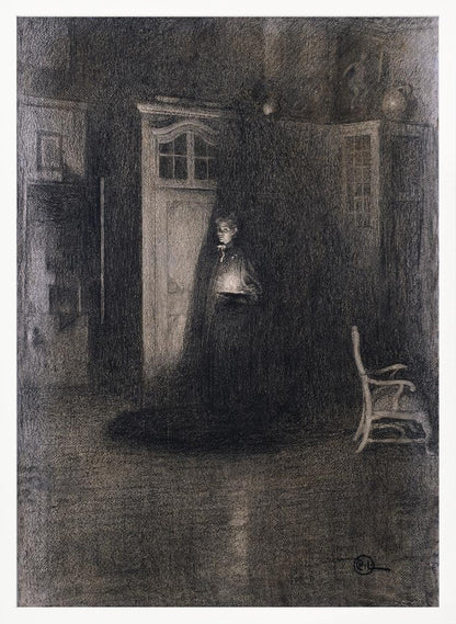 A dark, atmospheric charcoal drawing of a woman in a long, dark cloak standing in a dimly lit room. She holds a small, glowing light source that illuminates her face and the area around a white door behind her, creating deep shadows that fill the rest of the space. A lone white chair sits in the shadows to the right. Decor