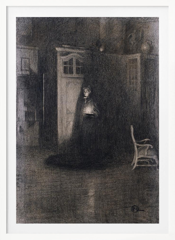A dark, atmospheric charcoal drawing of a woman in a long, dark cloak standing in a dimly lit room. She holds a small, glowing light source that illuminates her face and the area around a white door behind her, creating deep shadows that fill the rest of the space. A lone white chair sits in the shadows to the right. Decor