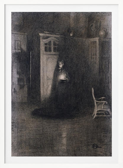 A dark, atmospheric charcoal drawing of a woman in a long, dark cloak standing in a dimly lit room. She holds a small, glowing light source that illuminates her face and the area around a white door behind her, creating deep shadows that fill the rest of the space. A lone white chair sits in the shadows to the right. Decor