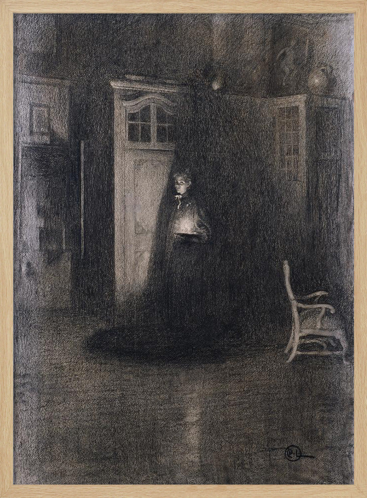 A dark, atmospheric charcoal drawing of a woman in a long, dark cloak standing in a dimly lit room. She holds a small, glowing light source that illuminates her face and the area around a white door behind her, creating deep shadows that fill the rest of the space. A lone white chair sits in the shadows to the right. Decor