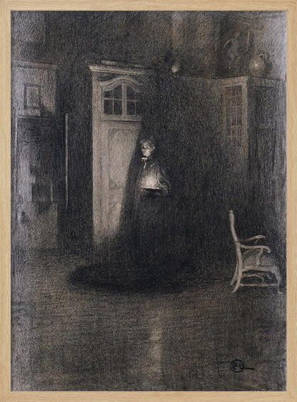 A dark, atmospheric charcoal drawing of a woman in a long, dark cloak standing in a dimly lit room. She holds a small, glowing light source that illuminates her face and the area around a white door behind her, creating deep shadows that fill the rest of the space. A lone white chair sits in the shadows to the right. Decor
