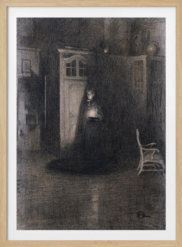 A dark, atmospheric charcoal drawing of a woman in a long, dark cloak standing in a dimly lit room. She holds a small, glowing light source that illuminates her face and the area around a white door behind her, creating deep shadows that fill the rest of the space. A lone white chair sits in the shadows to the right. Decor