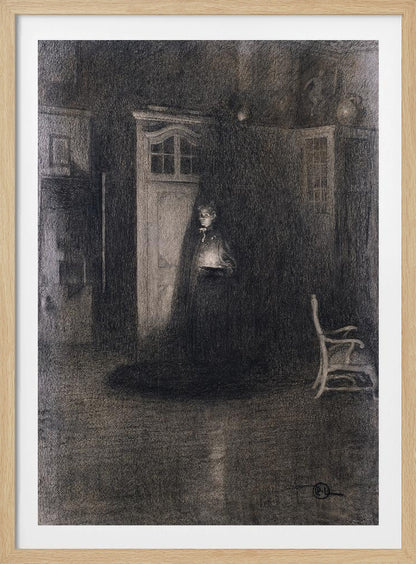 A dark, atmospheric charcoal drawing of a woman in a long, dark cloak standing in a dimly lit room. She holds a small, glowing light source that illuminates her face and the area around a white door behind her, creating deep shadows that fill the rest of the space. A lone white chair sits in the shadows to the right. Decor