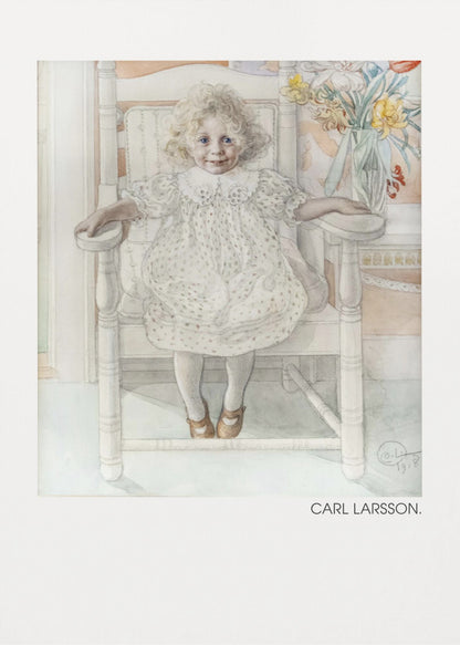 A framed art print of a watercolor painting by Carl Larsson. The piece features a young, blonde, curly-haired girl with blue eyes sitting in a white wooden chair. She wears a white dotted dress with a lace collar and smiles sweetly. Next to her is a vase of yellow, white, and red flowers. The overall aesthetic is soft, light, and classic. Decor
