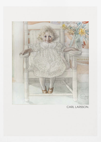 A framed art print of a watercolor painting by Carl Larsson. The piece features a young, blonde, curly-haired girl with blue eyes sitting in a white wooden chair. She wears a white dotted dress with a lace collar and smiles sweetly. Next to her is a vase of yellow, white, and red flowers. The overall aesthetic is soft, light, and classic. Decor