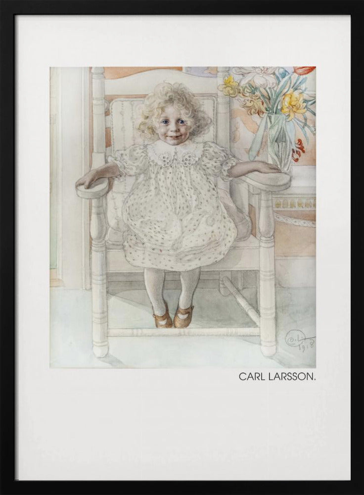 A framed art print of a watercolor painting by Carl Larsson. The piece features a young, blonde, curly-haired girl with blue eyes sitting in a white wooden chair. She wears a white dotted dress with a lace collar and smiles sweetly. Next to her is a vase of yellow, white, and red flowers. The overall aesthetic is soft, light, and classic. Decor
