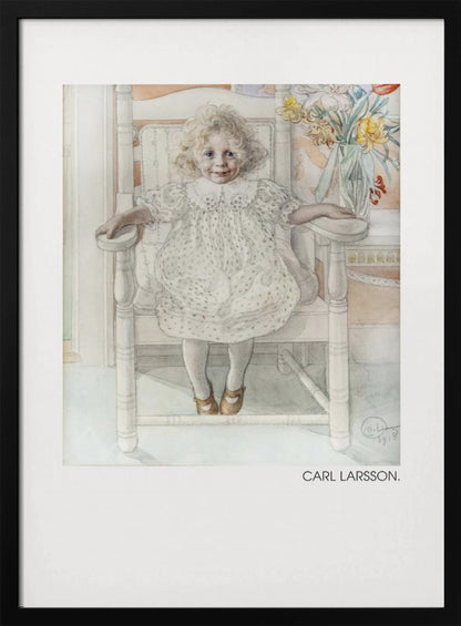 A framed art print of a watercolor painting by Carl Larsson. The piece features a young, blonde, curly-haired girl with blue eyes sitting in a white wooden chair. She wears a white dotted dress with a lace collar and smiles sweetly. Next to her is a vase of yellow, white, and red flowers. The overall aesthetic is soft, light, and classic. Decor