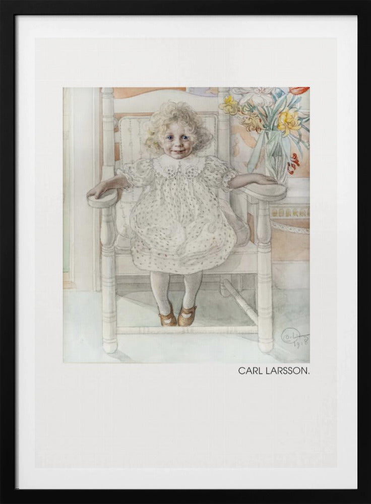 A framed art print of a watercolor painting by Carl Larsson. The piece features a young, blonde, curly-haired girl with blue eyes sitting in a white wooden chair. She wears a white dotted dress with a lace collar and smiles sweetly. Next to her is a vase of yellow, white, and red flowers. The overall aesthetic is soft, light, and classic. Decor