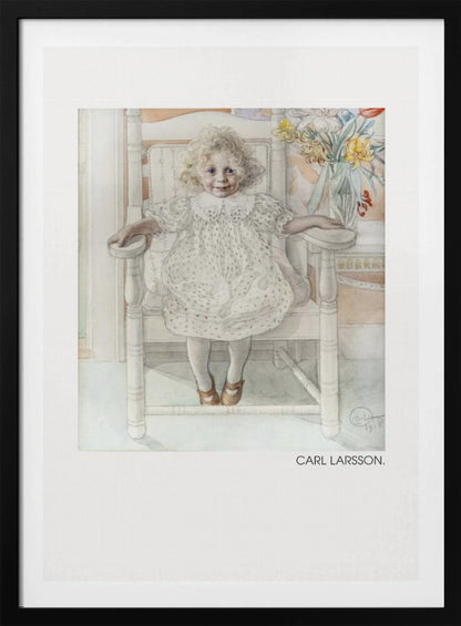 A framed art print of a watercolor painting by Carl Larsson. The piece features a young, blonde, curly-haired girl with blue eyes sitting in a white wooden chair. She wears a white dotted dress with a lace collar and smiles sweetly. Next to her is a vase of yellow, white, and red flowers. The overall aesthetic is soft, light, and classic. Decor