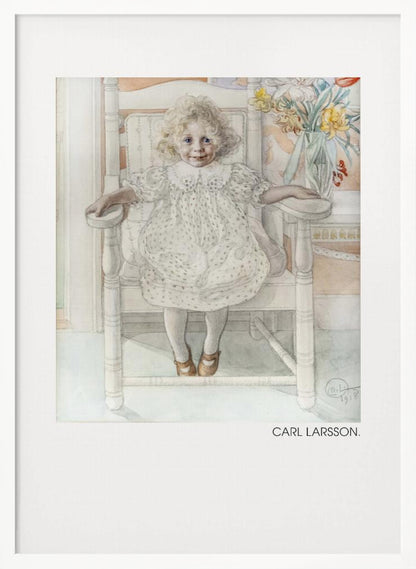 A framed art print of a watercolor painting by Carl Larsson. The piece features a young, blonde, curly-haired girl with blue eyes sitting in a white wooden chair. She wears a white dotted dress with a lace collar and smiles sweetly. Next to her is a vase of yellow, white, and red flowers. The overall aesthetic is soft, light, and classic. Decor