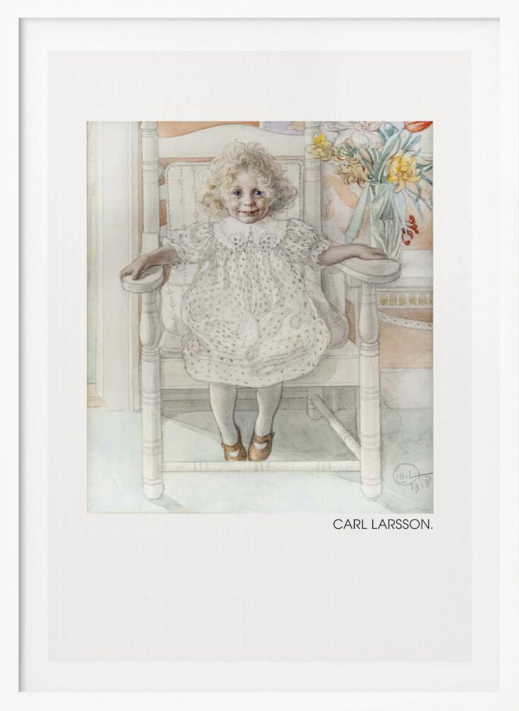 A framed art print of a watercolor painting by Carl Larsson. The piece features a young, blonde, curly-haired girl with blue eyes sitting in a white wooden chair. She wears a white dotted dress with a lace collar and smiles sweetly. Next to her is a vase of yellow, white, and red flowers. The overall aesthetic is soft, light, and classic. Decor